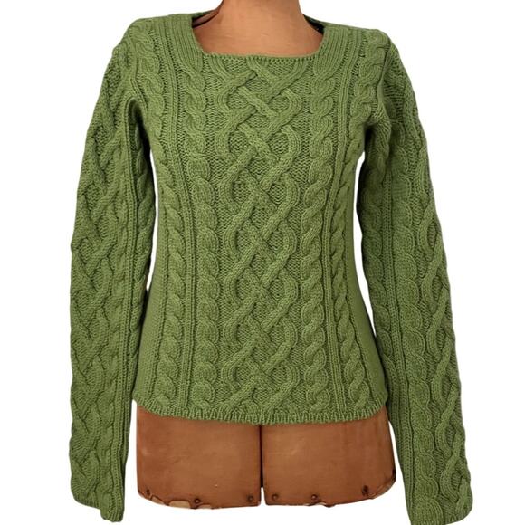 Inis Crafts Sz S Cable Knit Sweater Green Merino Wool Fisherman Ireland Cottage - Picture 1 of 10
